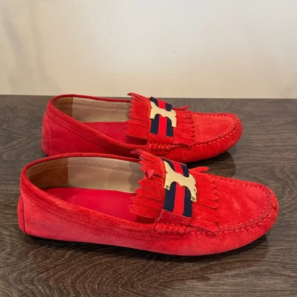 Tory Burch. Red Suede Loafers with dark blue.Gold metal Accent . Authentic - Picture 4 of 12